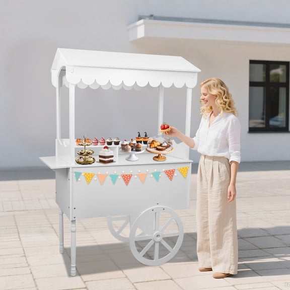 Candy Cart Display Stand with Wheels, Freestanding Decorated Dessert Cart, White Wooden Candy Cart used to display sweets, desserts, snacks, plants, and flower