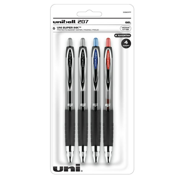 uniball 207 Retractable Gel Pen, Medium Point, 0.7 mm, Assorted Color Ink, 4 Count