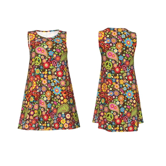 Horeoi Hippie Peace Love Print Women's Sleeveless Dress Cotton-like Flared Hem Deep Side Pockets Above-Knee