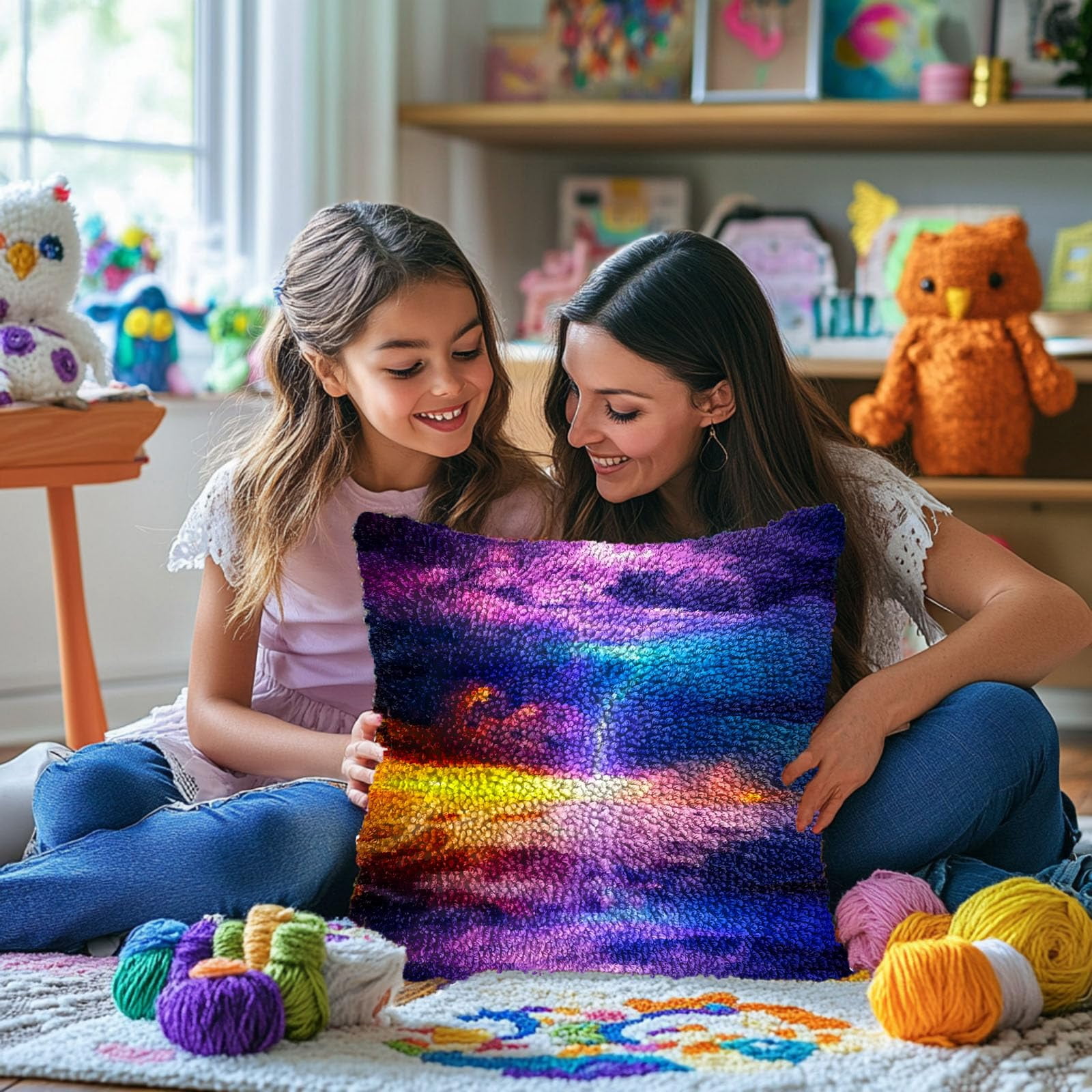 Colorful Sky Clouds Lightning DIY Latch Hook Pillow Kits for Adults Printed Pillowcase Crochet Yarns Hooking Handmade Pillow Cover Cushion for Home Sofa Decoration 17x17inch