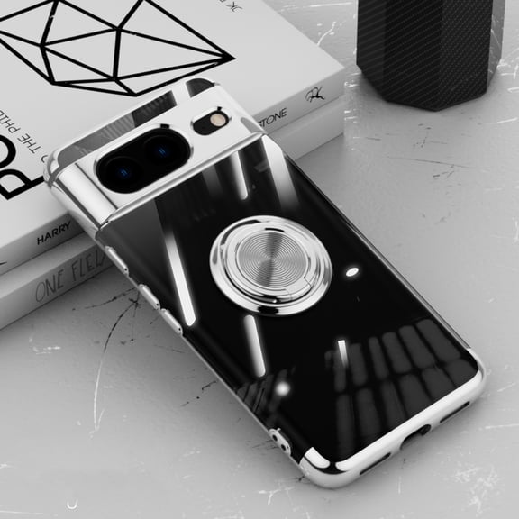 Allytech Clear Plating Case for Google Pixel 8a with Stand, 360° Rotatable Magnetic Ring Holder Support Car Mount,  Soft TPU Bumper Ultra Thin Slim Protective Case for Women Men - Silver
