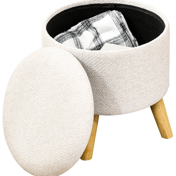Cream white ottoman with breathable linen and storage - Used as footrest in living room, comfortable rest