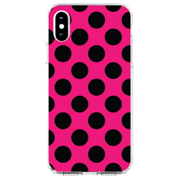 DistinctInk Clear Shockproof Hybrid Case for iPhone XR (6.1" Screen) - TPU Bumper, Acrylic Back, Tempered Glass Screen Protector - Black & Hot Pink Polka Dots