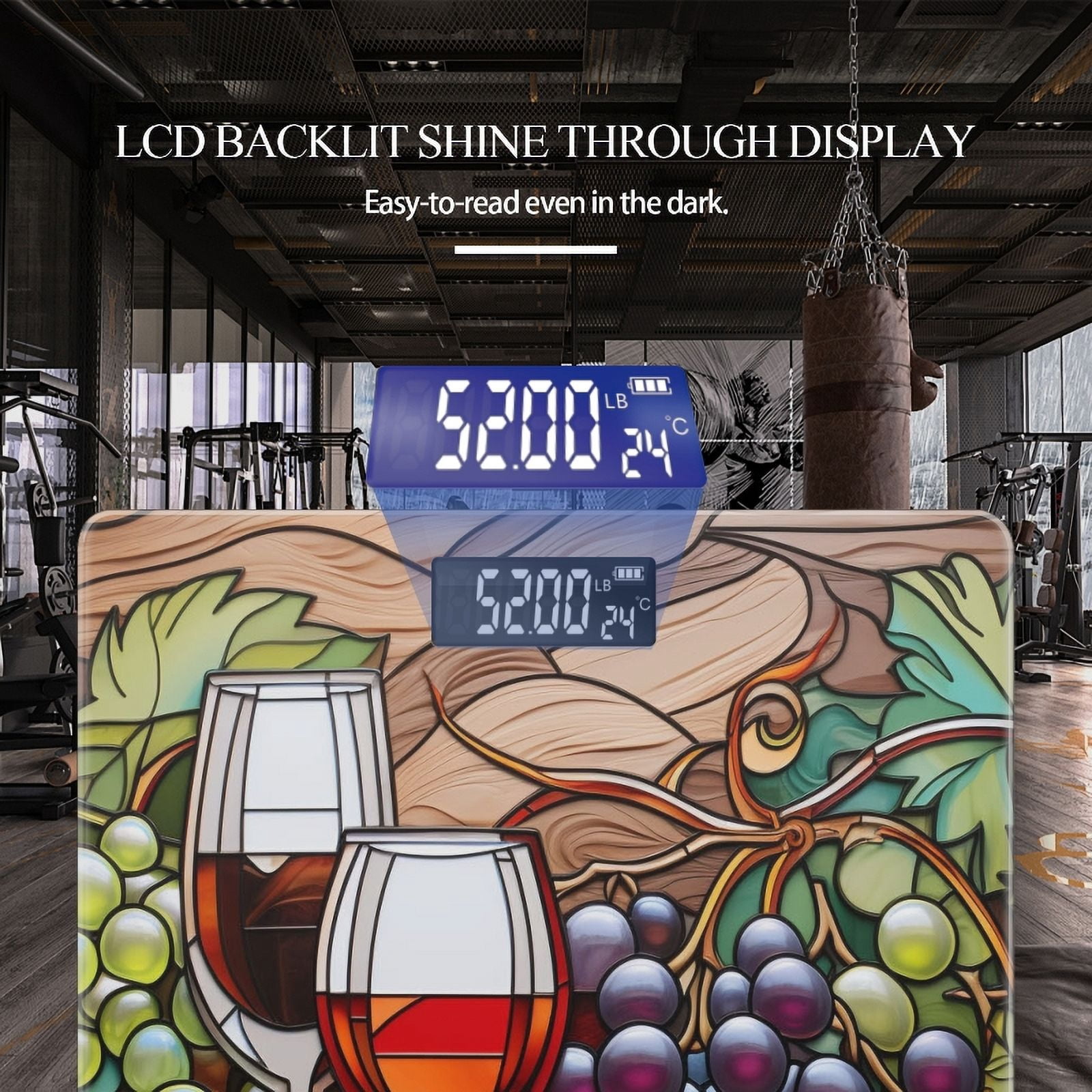 Bathroom Scale, Highly Accurate Digital Body Scale,Precisely Measures Weight up to 400 lbs-Wine Glasses And Grapes In Stained Glass Style On Wooden Background
