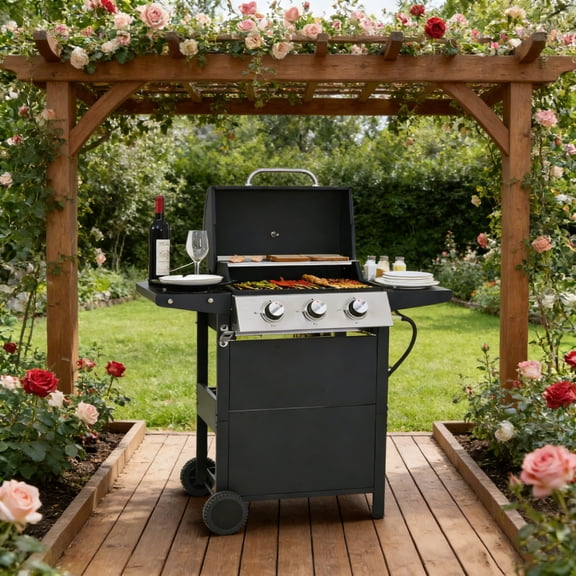 iCapeson 3-Burner Propane Gas Grill, 26,000 BTU Stainless Steel Outdoor BBQ Grill with 2 Side Shelves, Wheels, Thermometer & Bottle Opener for Patio, Garden, and Backyard Barbecue