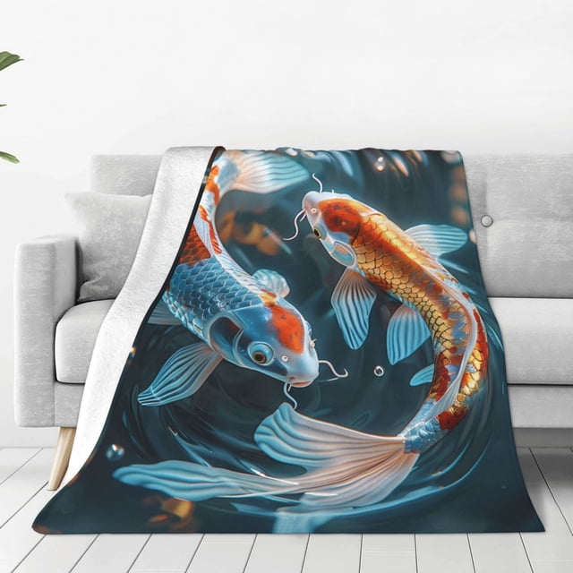 Balery Cute Koi Fish Serenity Manta de Felpa Suave y Acogedora – Cobija de Franela Aterciopelada para Cama, Lavable y Cálida para Sofá, Mascotas, Transpirable-80"x60"