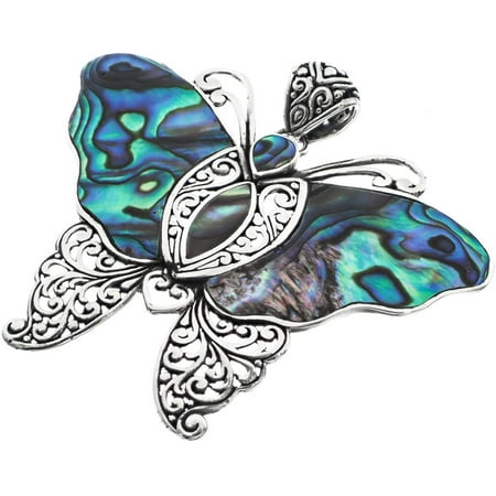 Butterfly Paua Shell - Large Butterfly Paua Abalone Shell 925 Sterling Silver Pendant, 2 5/16