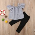 thumbnail image 2 of Summer Toddler Baby Little Girl Off Shoulder Stripe T-Shirt Top Black Casual Legging Pant Clothes Suit, 2 of 7
