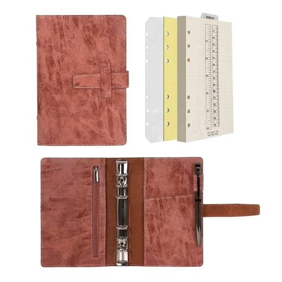 Wonderpool Leather Journal Refillable Binder A5 Writing Notebook Folder Organiser with Dotted Paper & Multi Pockets Cover for Business School Travel (A5, Brown)