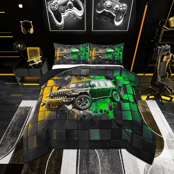 Erosebridal Racing Car Bedding Twin Comforter Set,Geometric Buffalo Down Comforter,Golden Green Bedding Sets Twin with Comforter,Lightweight Car Room Decoration,Reversible,2-Piece