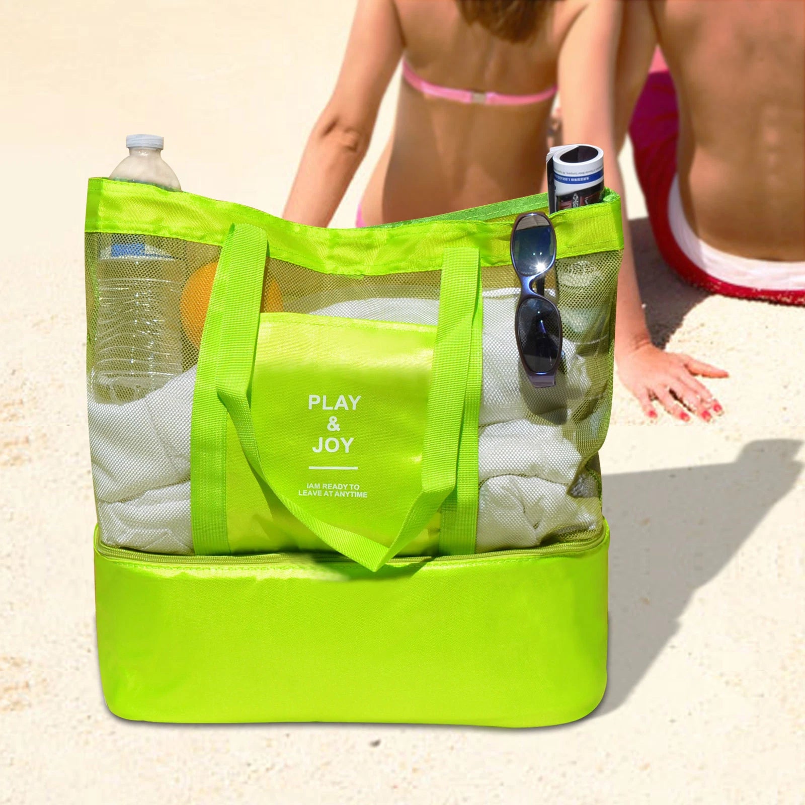 SUNNYOUTDOOR Mesh Beach Outdoor Sport Tote Bag w Insulated Picnic Cooler /Heat Insulatiion (Green)