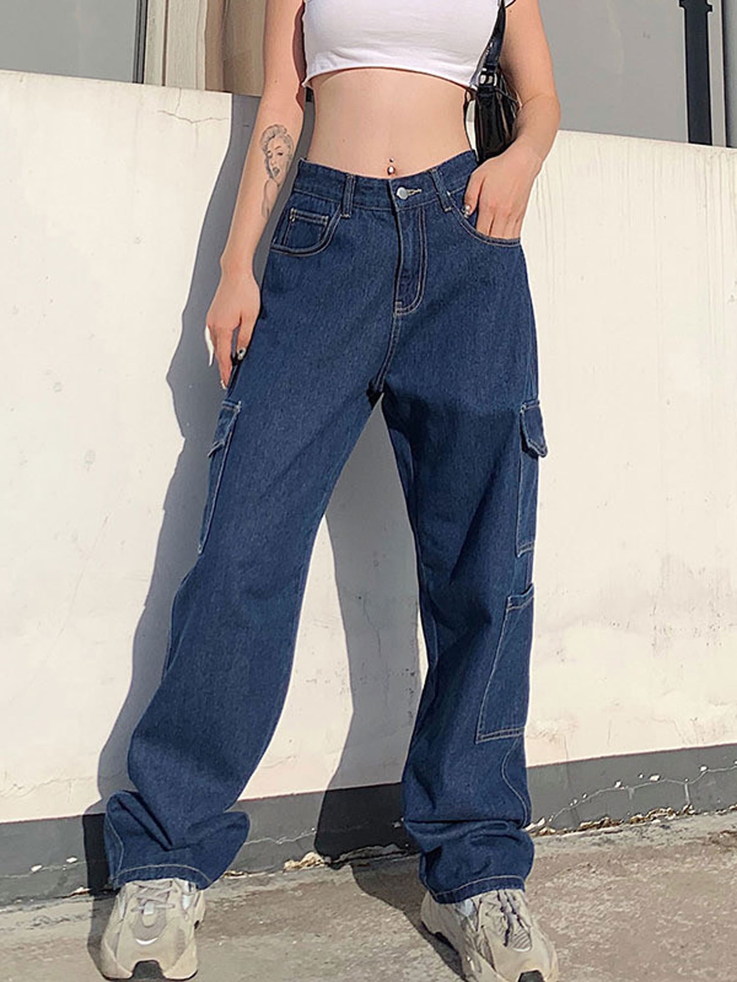 Huakaishijie Baggy Cargo Pants for Women Y2k Low Waist Trousers Denim Pants  Jeans 90s Streetwear 