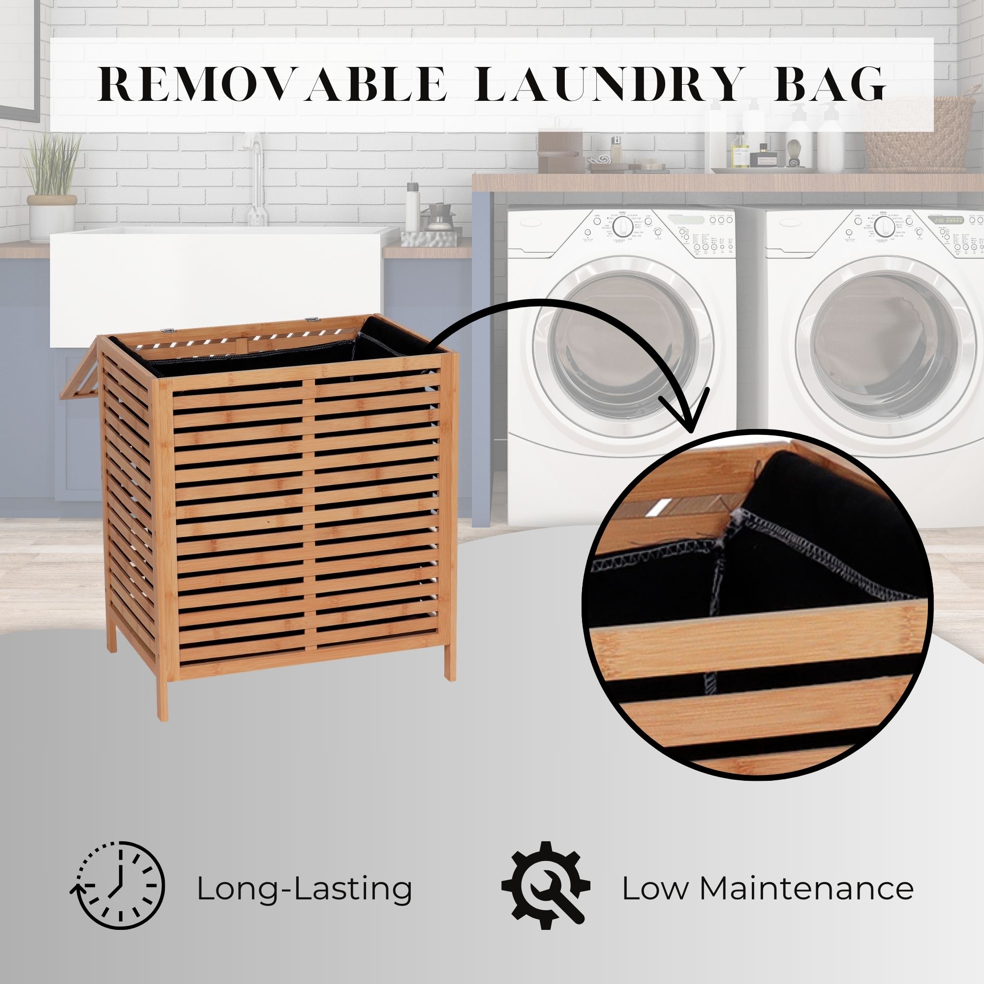 Bamboo Laundry Hamper with Lid, Removable Bag, Slatted Ventilation Design, Large Storage Basket, Perfect for Bathroom  Laundry Room
