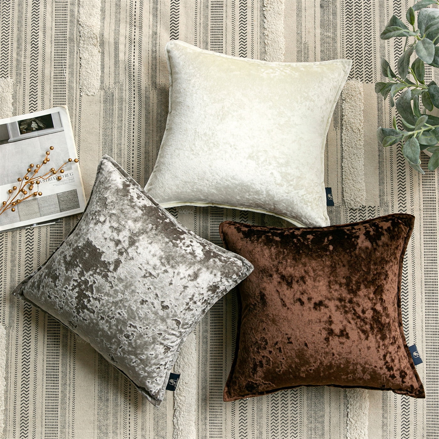 Phantoscope Shiny Crushed Velvet with Trim Series Decorative Throw Pillow, 18" x 18", Light Brown, 2 Pack