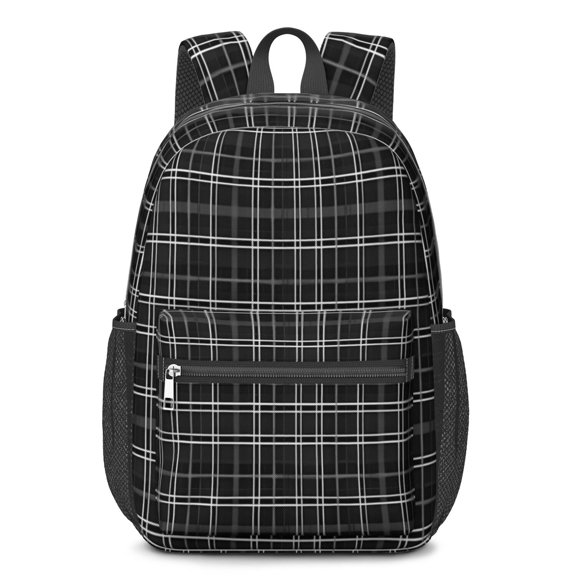 Black and Gray Checkered Pattern 17" School Backpacks for Teens,Waterproof Oxford Fabric,S-Shape Padded Straps for School,Travel,Hiking,Camping