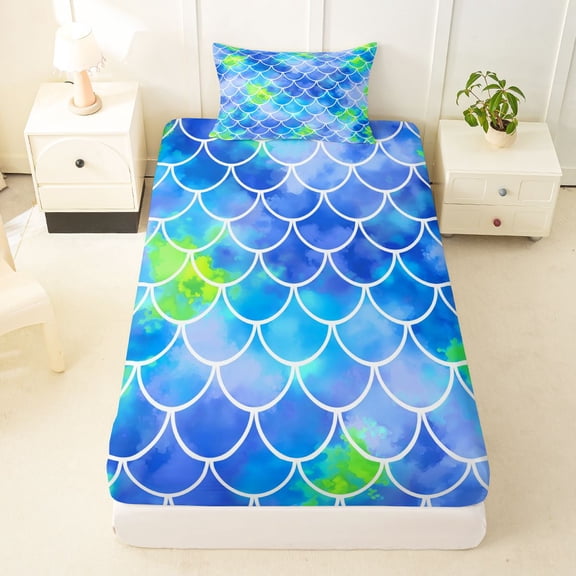 Manfei Mermaid Princess Twin Fitted Sheet, Watercolor Splash Scale Bedding, Blue Lime Green, 2 Pieces, 1 Fitted Sheet and 1 Pillowcase