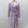 thumbnail image 5 of Plush Bathrobes For Women Plush Lapel V Neck Lace Patchwork Ruffled Long Hem Belt Nighfown Fuzzy Comfy Thermal (M, Purple), 5 of 7