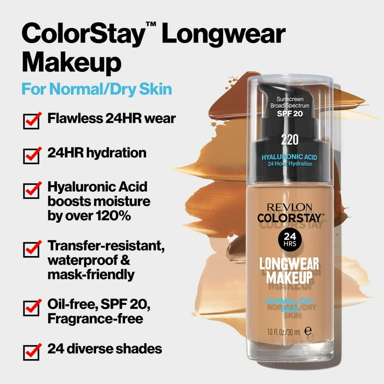 Revlon ColorStay Face Makeup for Normal and Dry Skin, SPF 20, Longwear  Medium-Full Coverage with Matte Finish, Oil Free, 180 Sand Beige