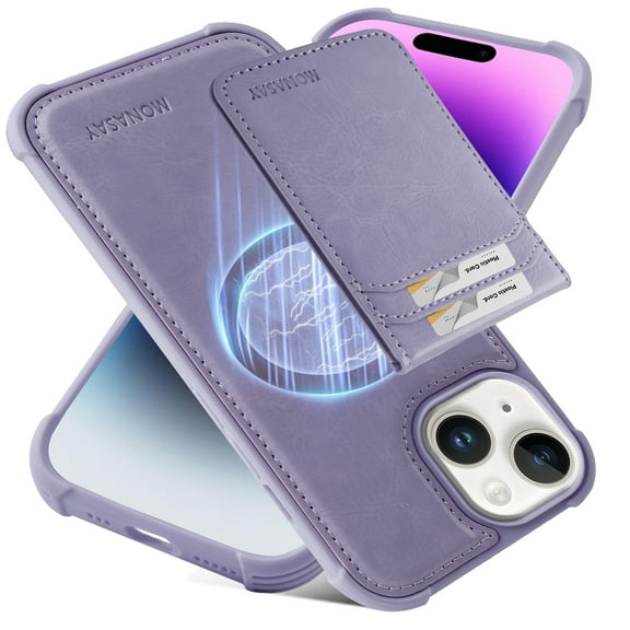 MONASAY Magwallet Case Compatible for iPhone 15 Plus,[Support MagSafe Wireless Charging][Glass Screen Protector]Flip Magnetic Leather Wallet Phone Cover with Detachable RFID Blocking Card Holder
