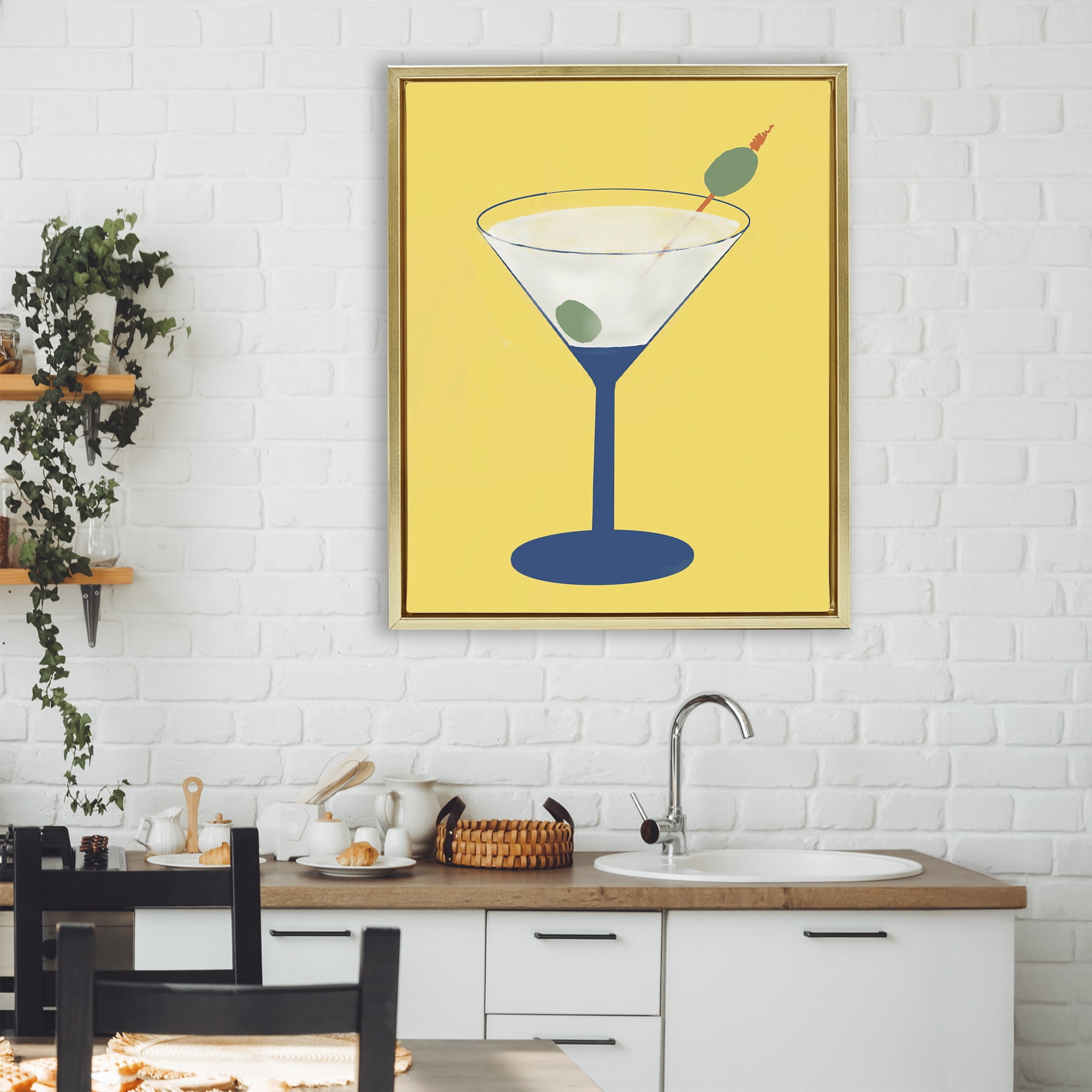 Stupell Industries Martini Glass over Yellow Gold Framed Floater Canvas Wall Art, design by Robin Maria