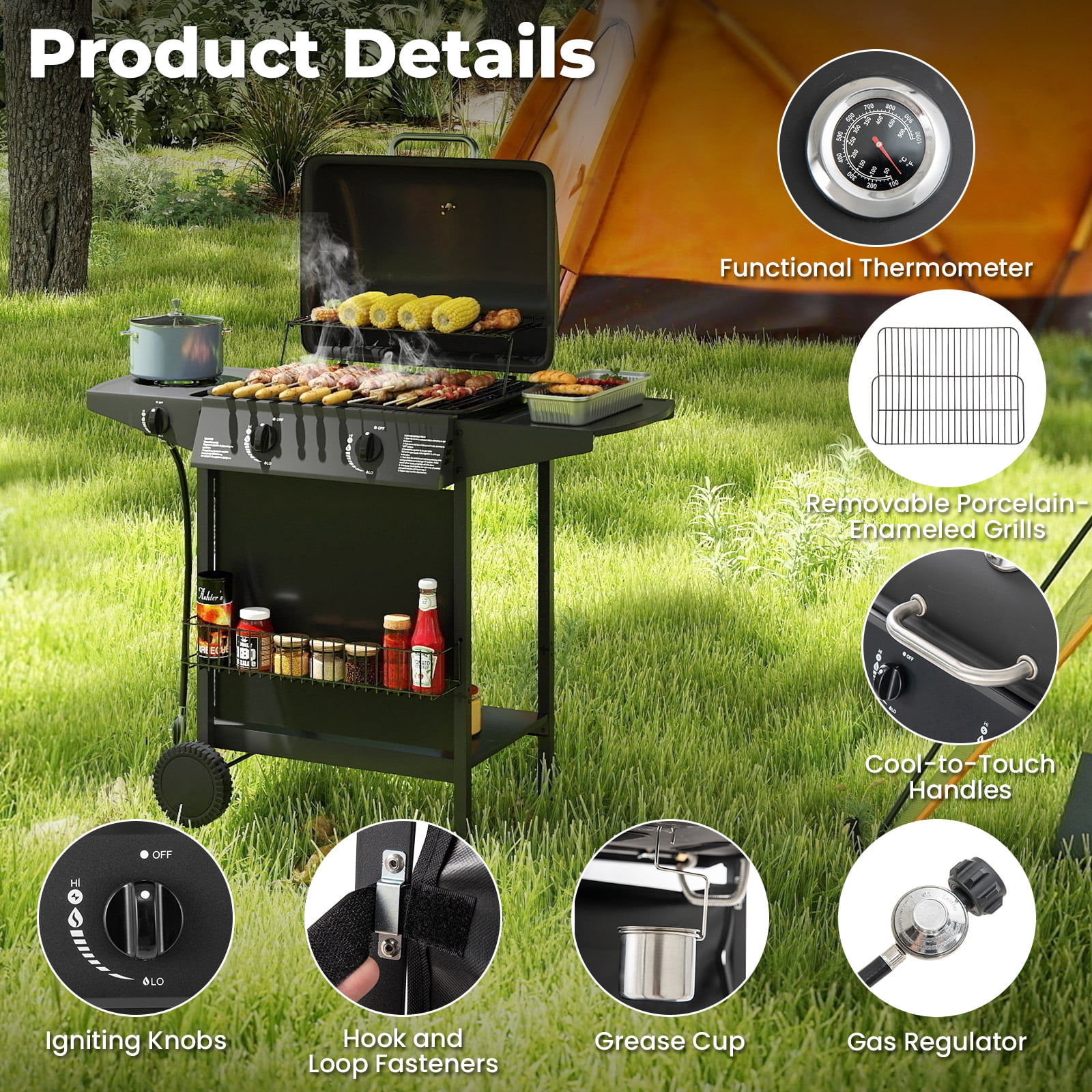 Gymax 30000 BTU Outdoor Cooking Grill w/Storage Shelves & Porcelain-Enameled Grates