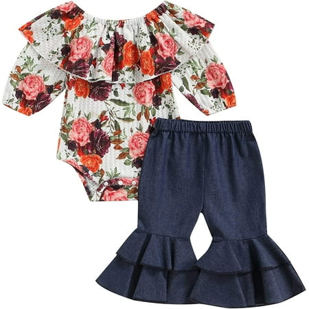 

Infant Baby Girl Clothes Outfits Floral Ruffle Collar Long Sleeve Romper+Denim Flare Pants Bell Bottom Jeans