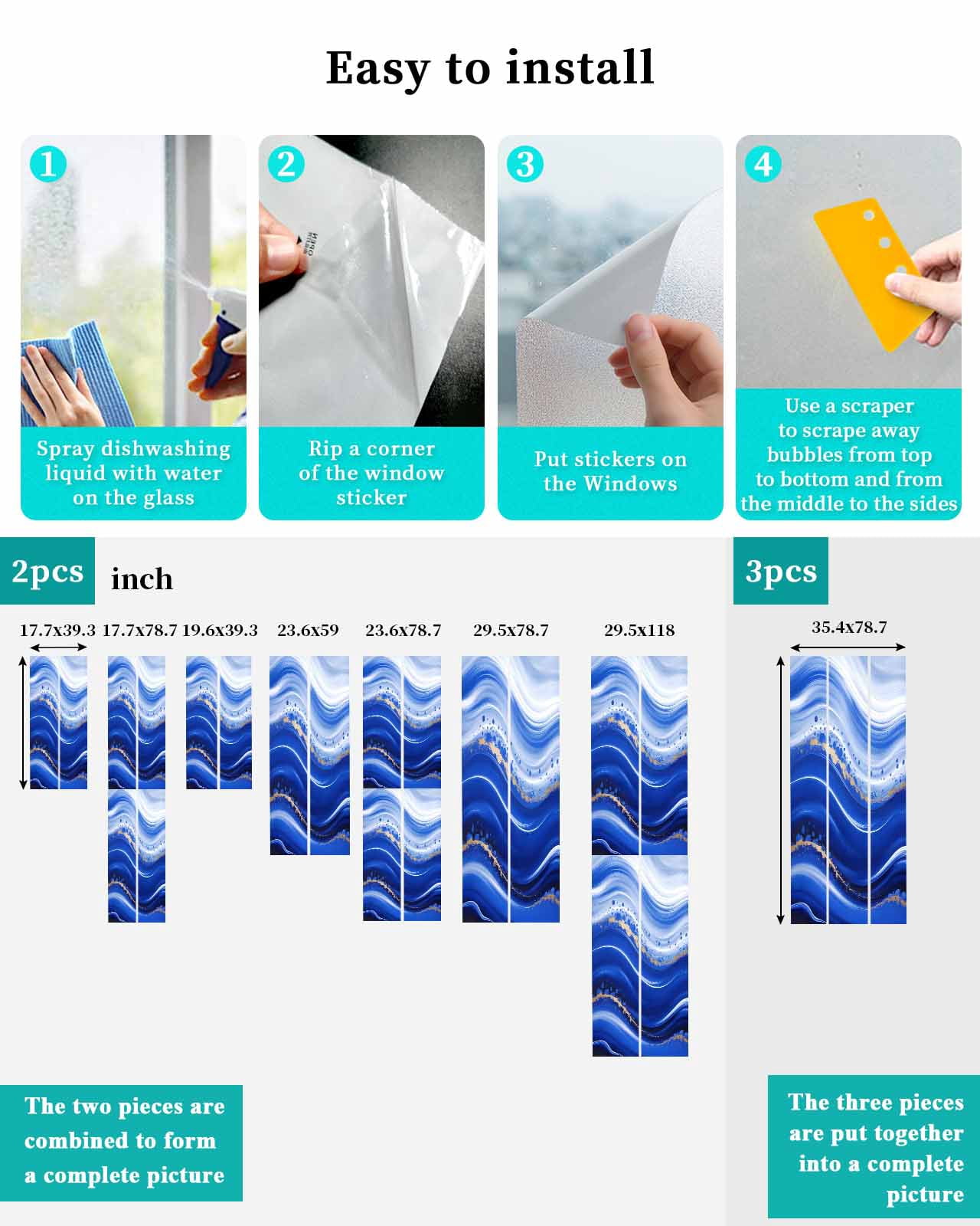 Window Privacy Film Blue Waves Abstract Stained Glass Window Film Decorative Sun Block Window Cover Ocean Fluid Gradient Luxury Window Clings Static Adhesive Sticker for Bathroom 23.6"x59"