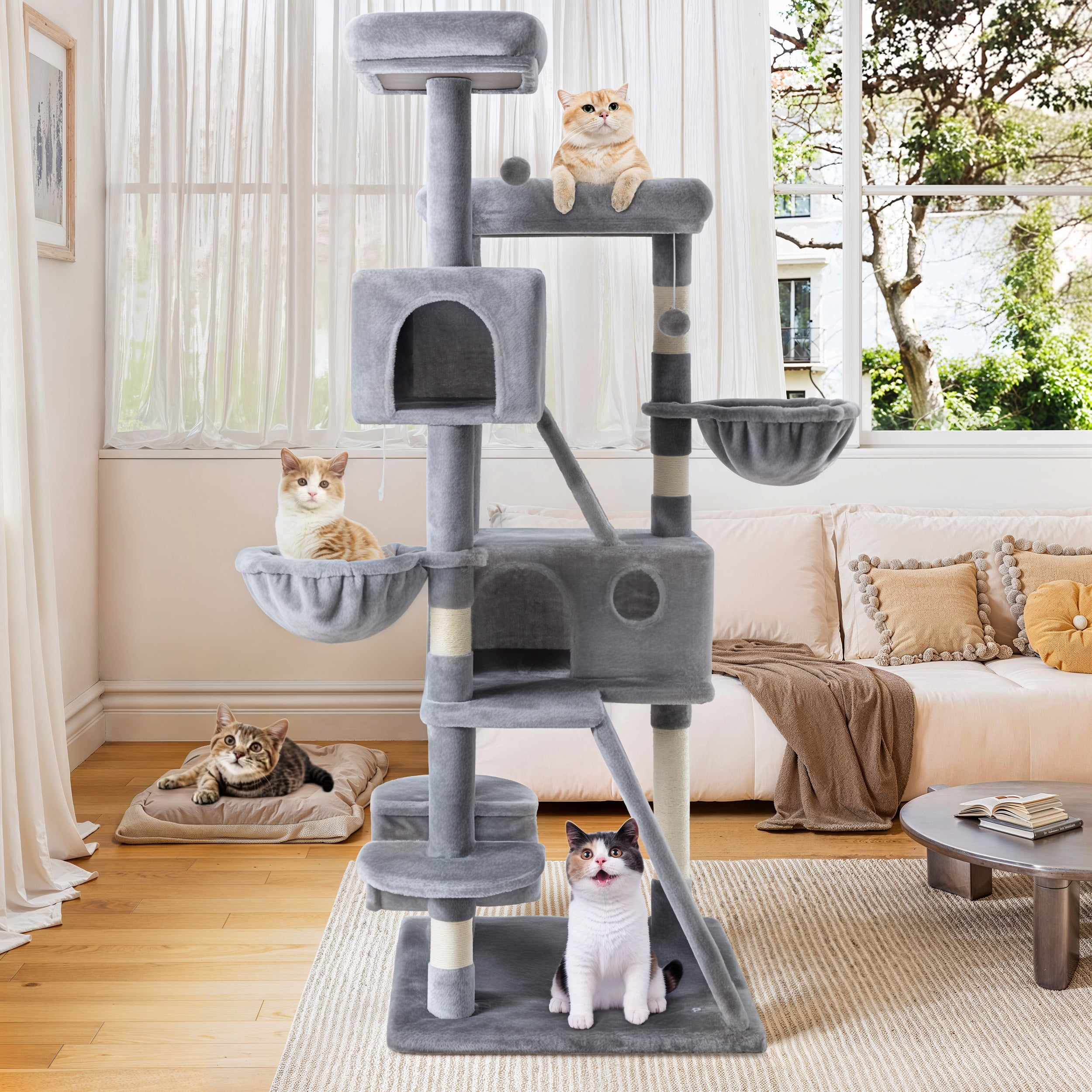 Einfach 65.7" Large Cat Tree and Tower for Cats, Condo House with Hammock, 2 Scratching Boards & 5 Scratching Posts, Gray