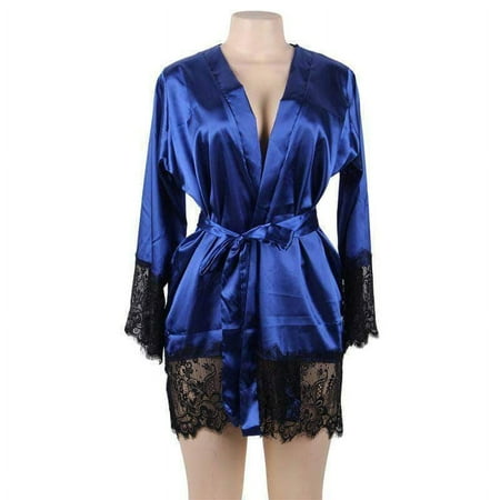 Silk Robe Long Sleeves Gowns Lace Patchwork Lingerie