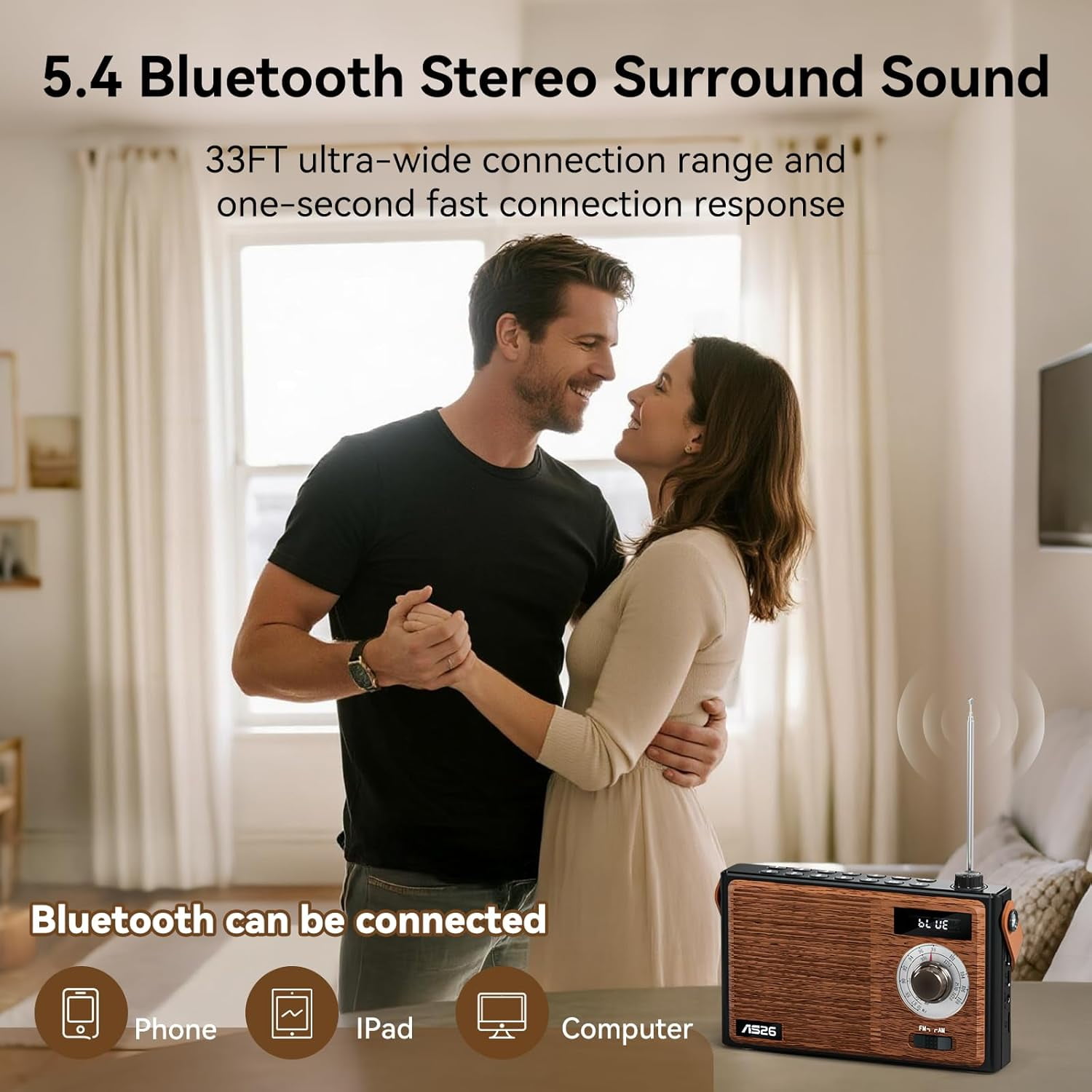 Portable AM FM Radio Bluetooth,Retro Transistor Radio,Rechargeable Vintage Wireless Radio with Digital Display,Support USB/TF/AUX Player,Battery Powered or DC,for Home Office Outdoor,Gifts for Senior