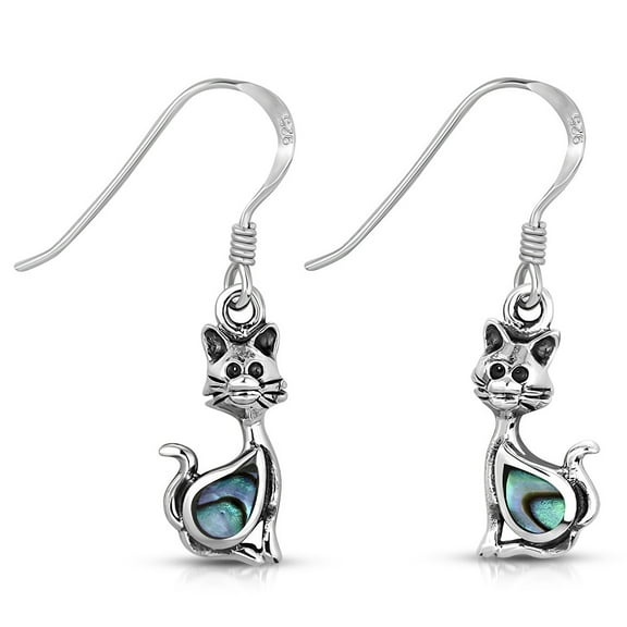 925 Sterling Silver Cat Simulated Abalone Drop Dangle Earrings