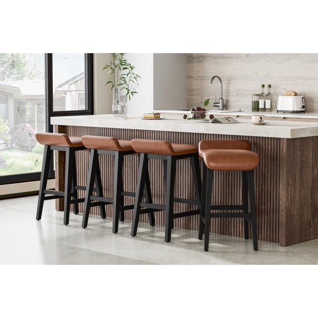 4-Pack 26.2" Counter Height Bar Stools - PU Leather Upholstered with Wood Frame, Low Back & Footrest for Kitchen Islands & Counter Bars, Brown