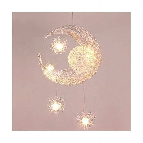 Pendant hanging moon star LED ceiling light aluminum fixture with 5 light bulbs, children's room (white light)