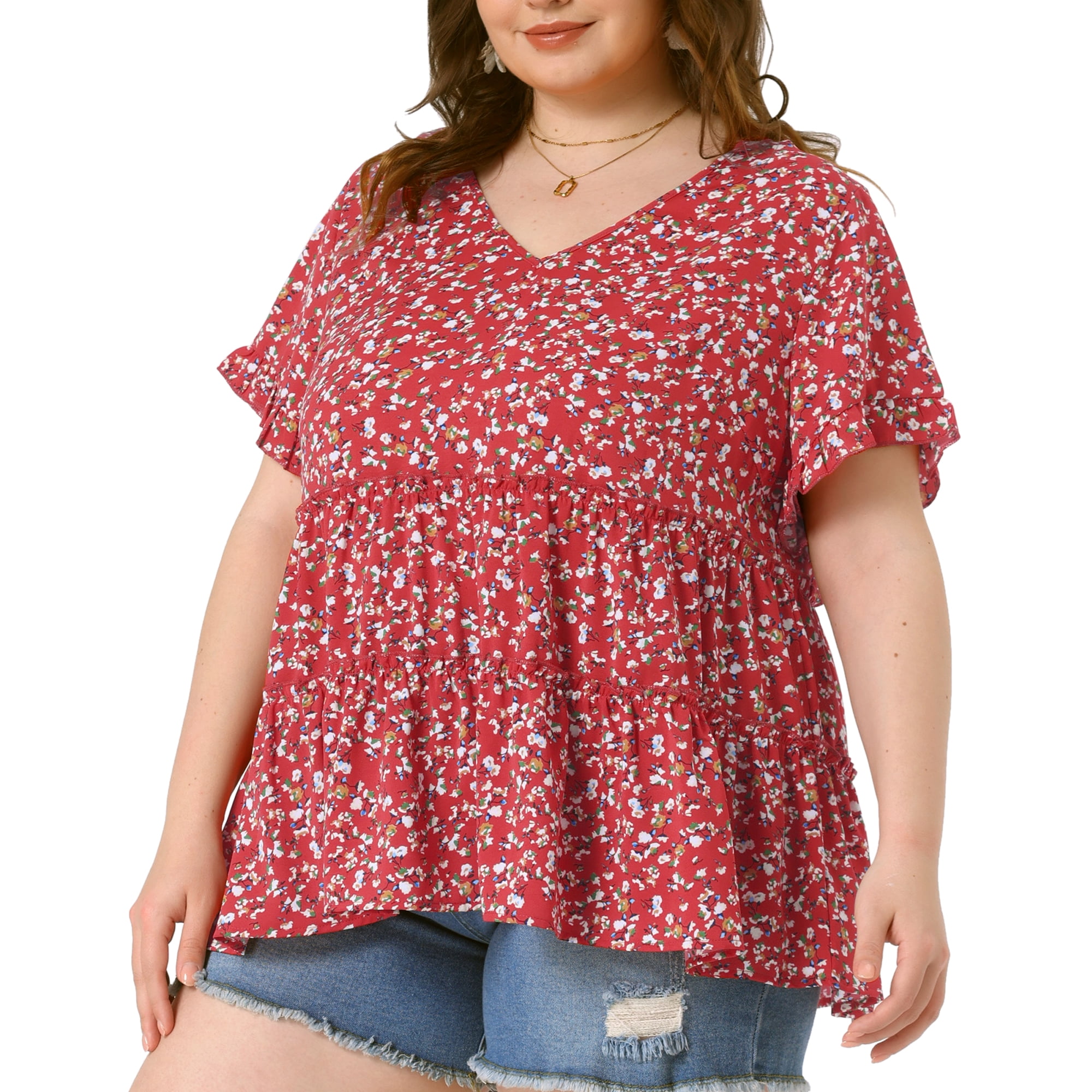DARING DIVA Women's Plus Size V Neck Short Sleeve Floral Babydoll Blouse 3X Red Green