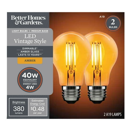 

Better Homes & Gardens LED Vintage Style Light Bulb A19 40 Watts Amber Classic Filament Medium Base Dimmable - 4 Pk