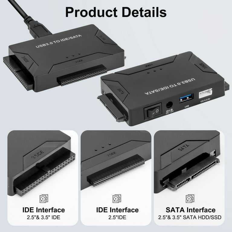 TSV USB IDE Adapter USB 3.0 to SATA IDE Hard Drive Converter Combo for  2.5/3.5 DE SATA SSD Hard Drives Disks with 12V 2A Power Adapter and USB  3.0
