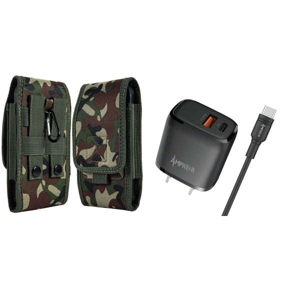 Holster and Power Adapter Bundle for Nokia C100: Vertical Rugged Nylon Belt Pouch Case (Green Camo) and 38W Dual USB Port (Type-C PD / USB-A) Wall Charger