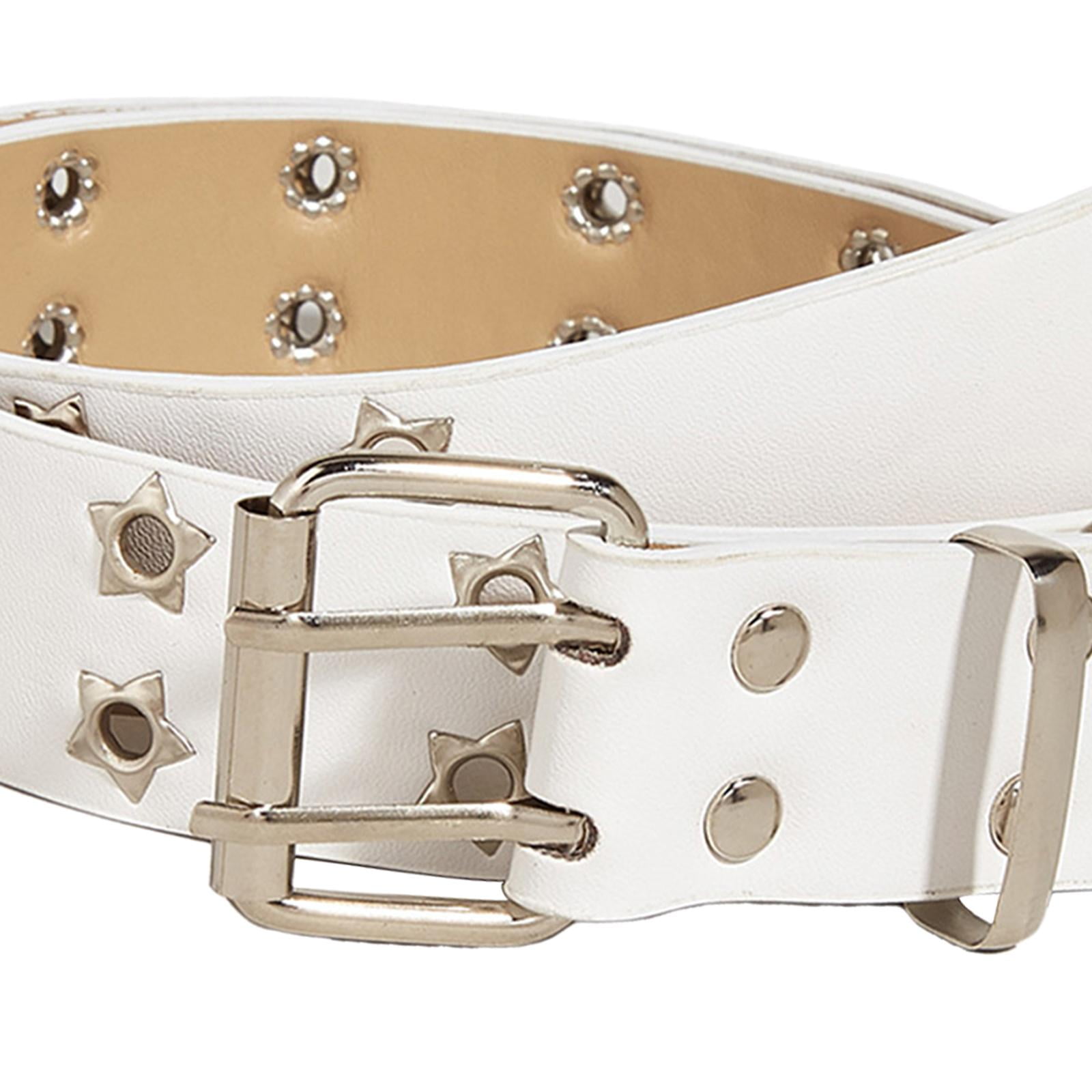 Double Grommet Punk Belt White Vegan Leather Studded Belt for Women Men Jeans Buy Studded Belt White Vegan Leather 2 Row Rivets  main image 3