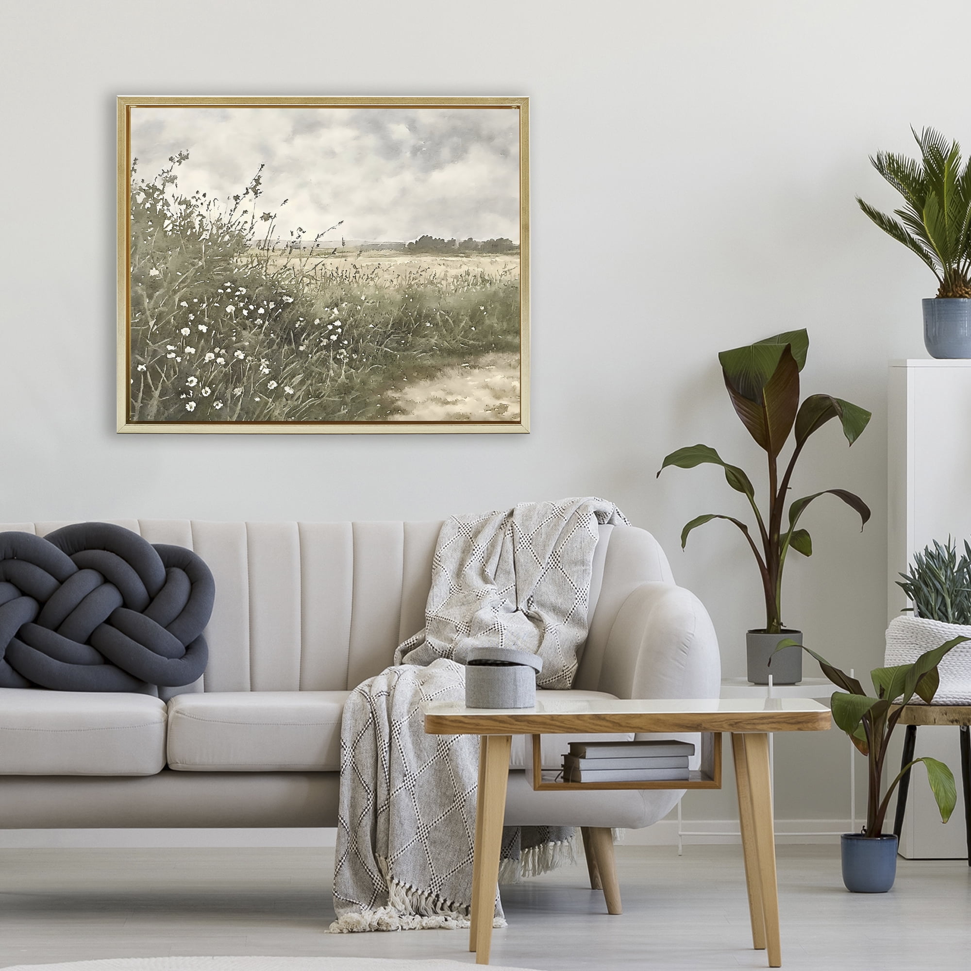 Stupell Industries Soft Meadow Landscape at Dusk Gold Framed Floater Canvas Wall Art, design by Riley B