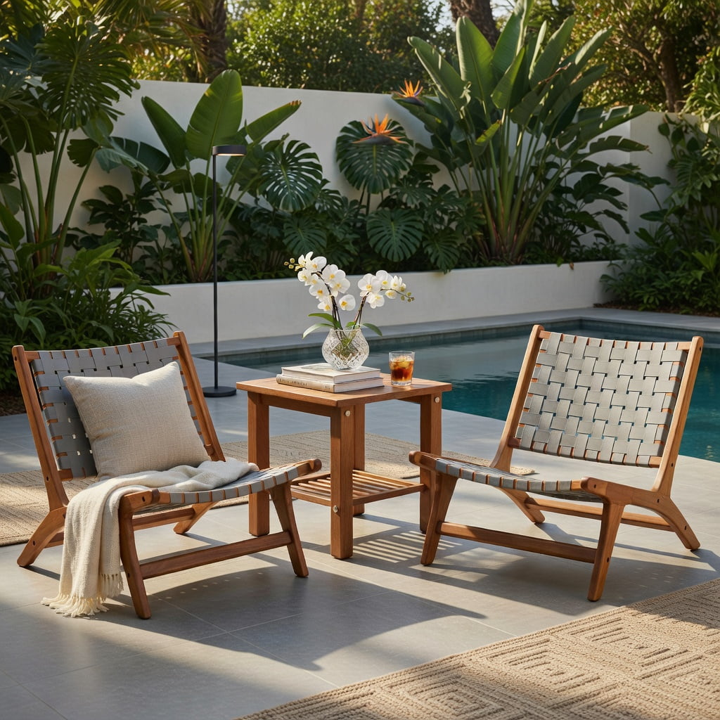 Hommoo Mid-Century Modern Teak Wood Outdoor Accent Chair with Breathable Nylon Webbing Seat, Wood & Gray Design, Indoor/Outdoor Use, Natural