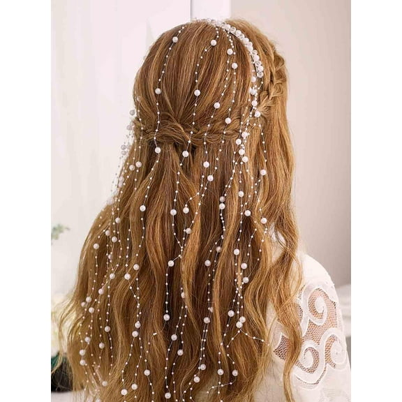 Pearl Bride Wedding Headband Silver Rhinestone Bridal Headpiece Tassel Hair Vine Evening Party Hair Accessories for Women and Girls