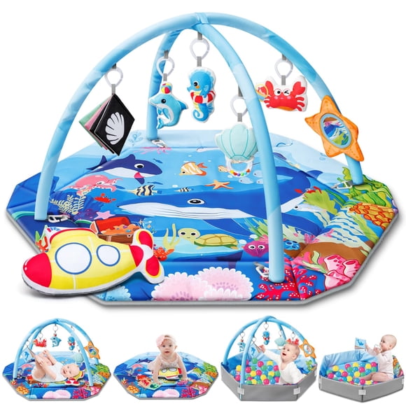 Gimnasio para bebés y tapete de juego Jyusmile 8 en 1, tema oceánico, 110 x 99 cm