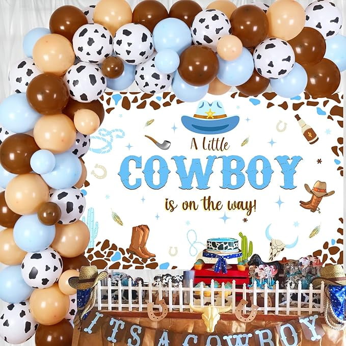 Cowboy Baby Shower Decorations for Boy, A Little Cowboy is on the Way Backdrop, Western Theme Baby Shower Decorations Blue Balloon Garland Arch Kit for Wild West Baby Shower