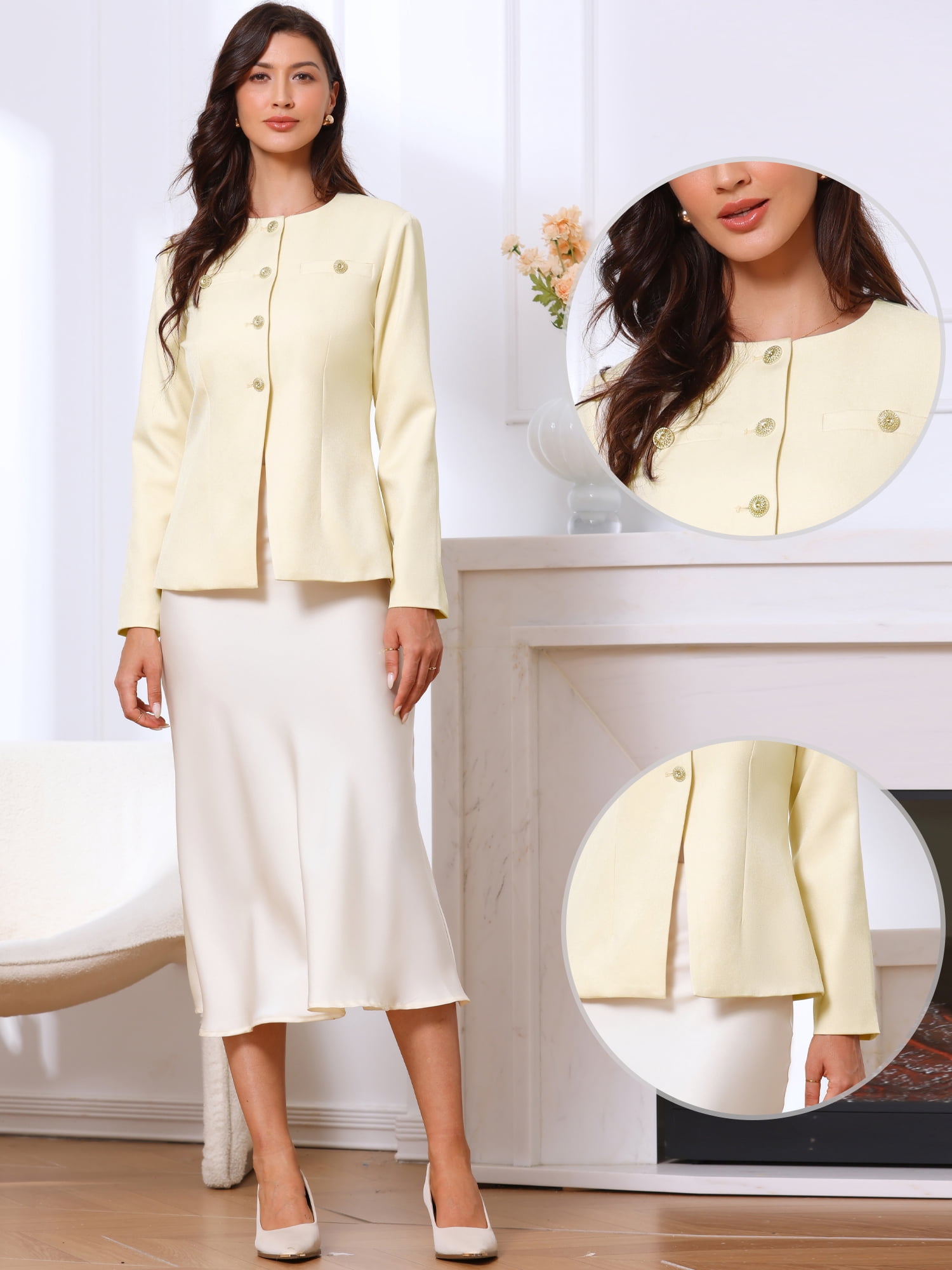 DARING DIVA Women's Collarless Long Sleeve Business Jacket Office Suit S Beige