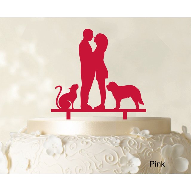 Couple Wedding Cake Topper With Pets Silhouette Wedding Topper Cake Decorations Color Option Available 6.5-7.5 Inches Wide