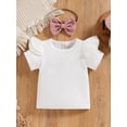 thumbnail image 5 of Biekopu Infant Baby Girl Summer Clothes, Solid Color Fly Sleeve Round Neck Tops + Flower Pattern Suspender Jumpsuit + Bow Headband, 5 of 9