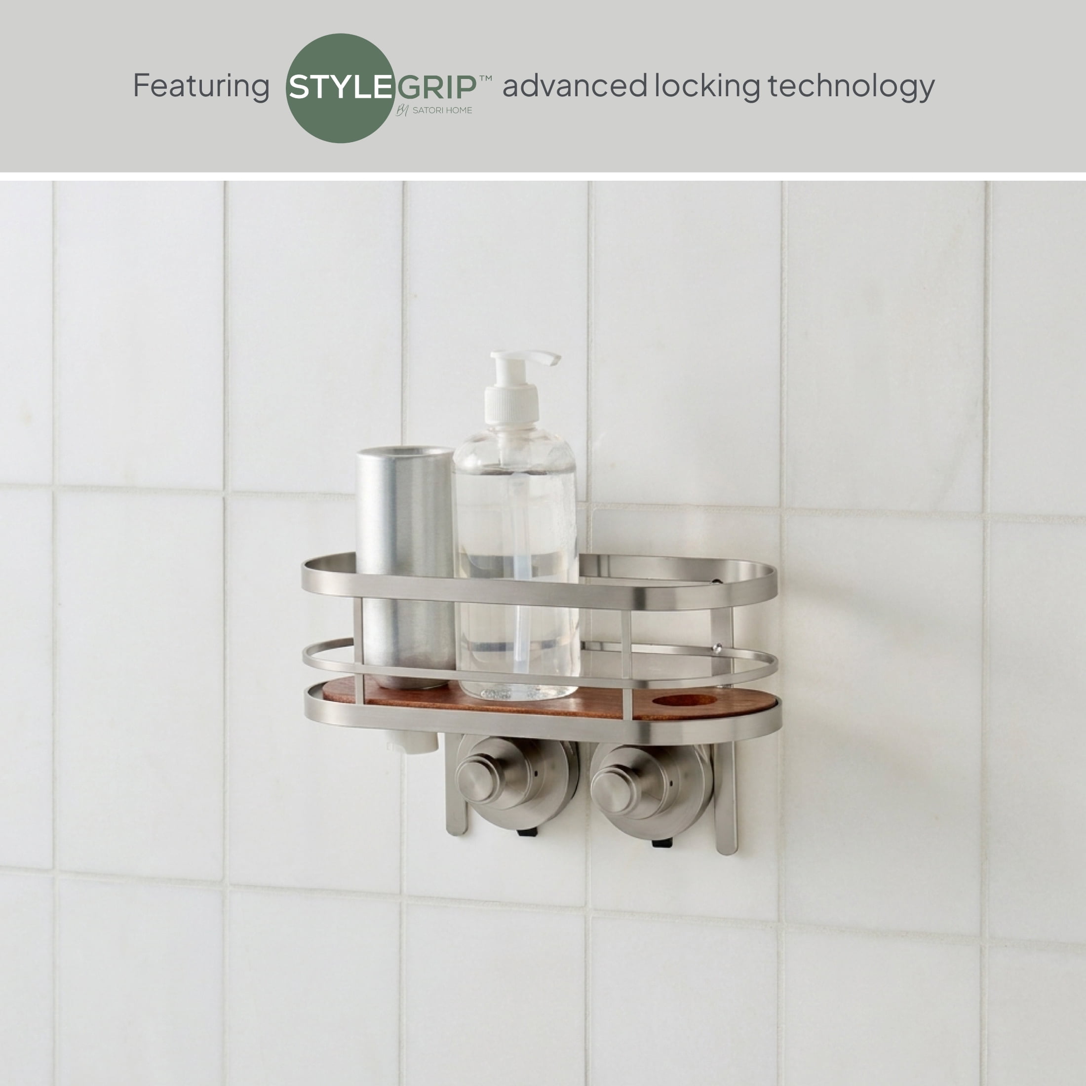 Better Homes & Gardens StyleGrip™ Suction Mount Shower Caddy with Acacia Wood Tray, Satin Nickel