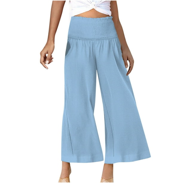 Palazzo Pants for Women Summer Elastic Smocked High Waisted Wide Leg Lounge  Pants Beach Flowy Trousers with Pockets