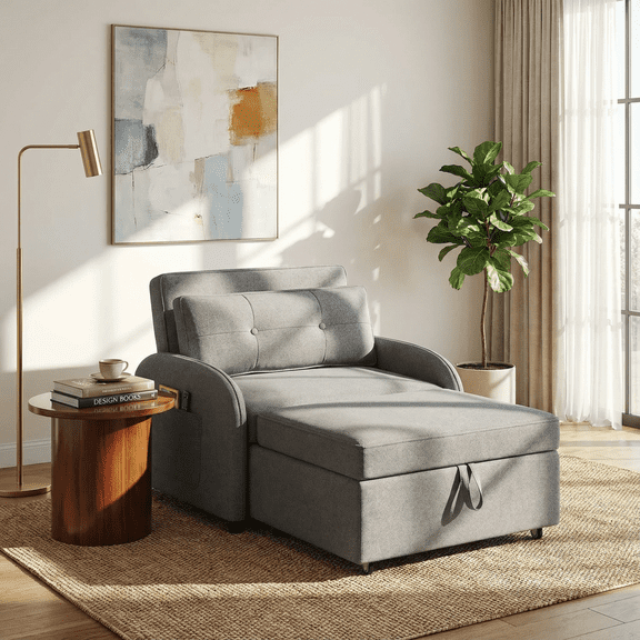 40.55" Cotton Linen Convertible Sofa Bed Chair Recliner,3-in-1 Convertible Sleeper Sofa Bed with Pillow & Pocket,Convertible Chaise,Pull-Out Couch Bed with Adjustable Backrest for Apartment,Gray