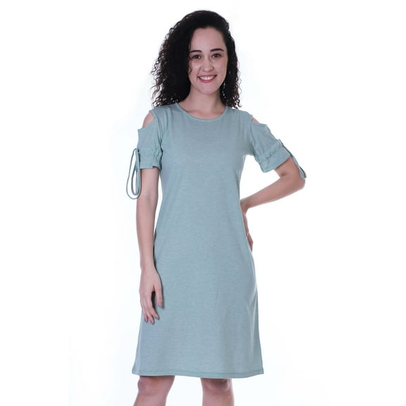 Moomaya Cold Shoulder T-shirt Dress Round Neck Casual Knee Length Summer Dresses For Womens